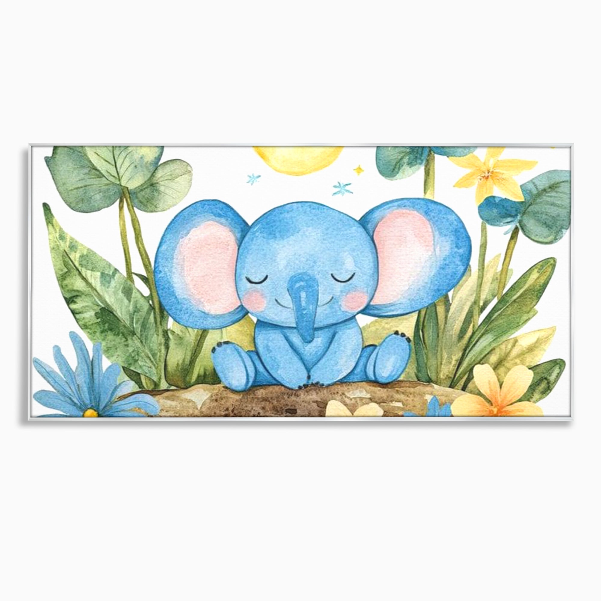 Tablou canvas cu ilustratie cu elefant albastru dormind pe o tulpina, in rama de aluminiu argintiu